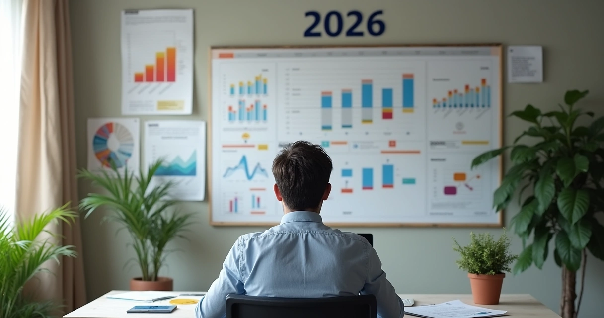 Empresário planejando tributos com gráficos e calendário