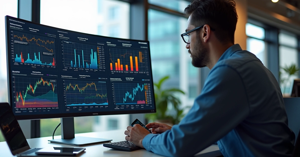 Pessoa analisando dados financeiros e planejamento fiscal em tela de computador com gráficos e tabelas digitais, ambiente de escritório moderno e tecnologia avançada