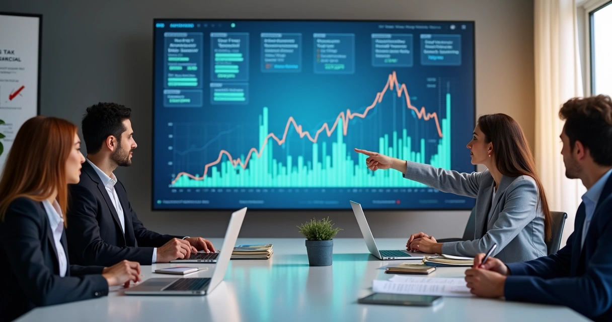 Equipe analisando gráficos fiscais e documentos em reunião 