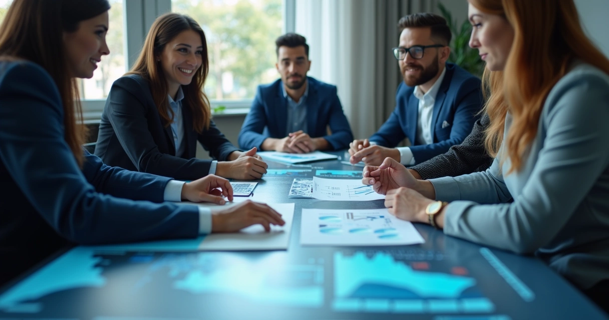 Reunião de gestores analisando relatórios e gráficos em tela digital para planejamento tributário seguro 