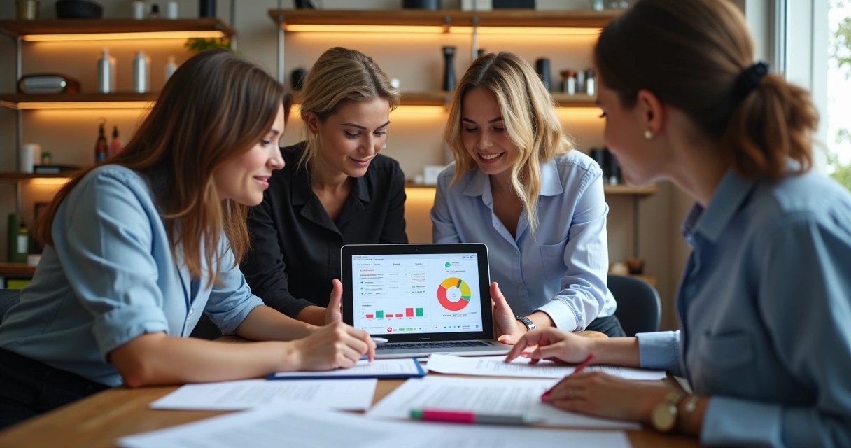 Equipe de salão de beleza analisa relatório fiscal digital 