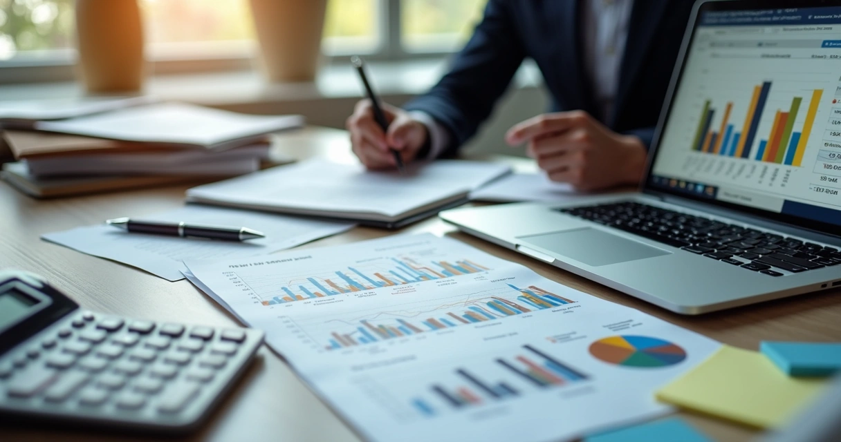 Profissional revisando gráficos tributários e notas fiscais no escritório