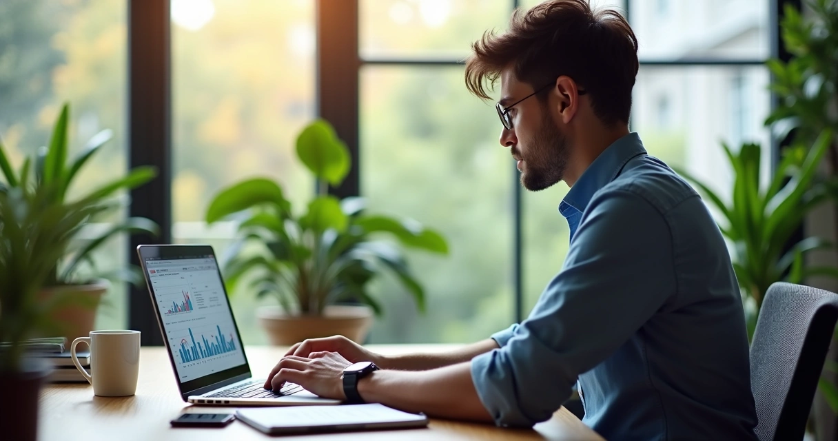 Jovem empreendedor analisando gráficos financeiros em laptop com mesa de escritório moderna e plantas ao fundo 