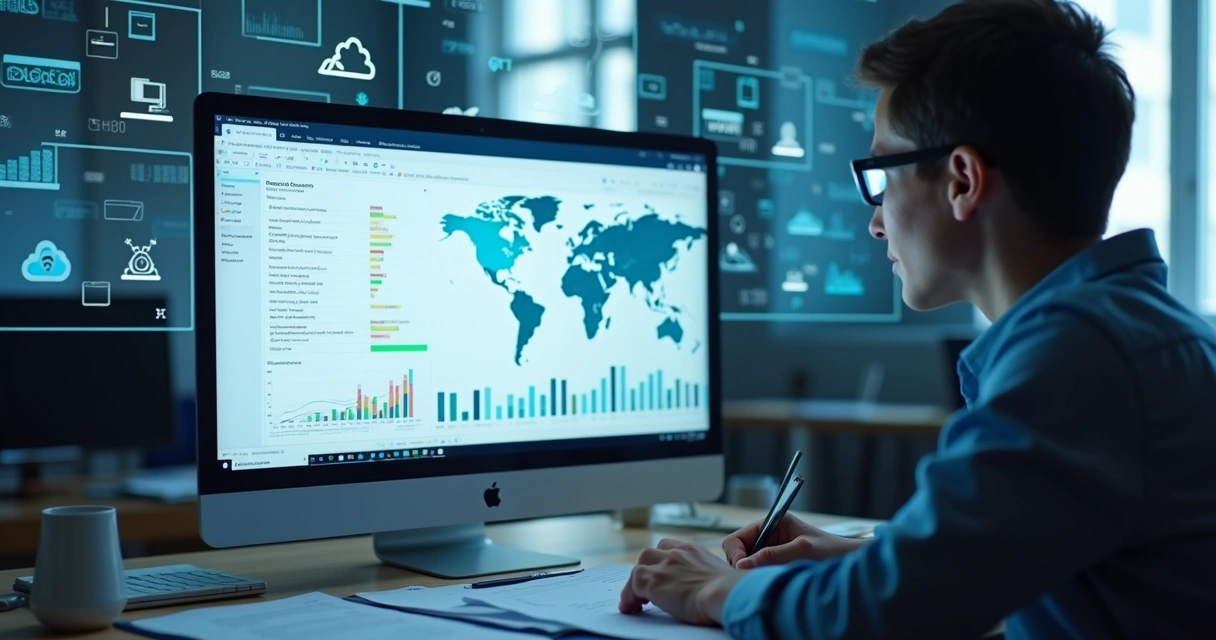 Profissional analisando gráficos e impostos de empresa tech em tela de computador