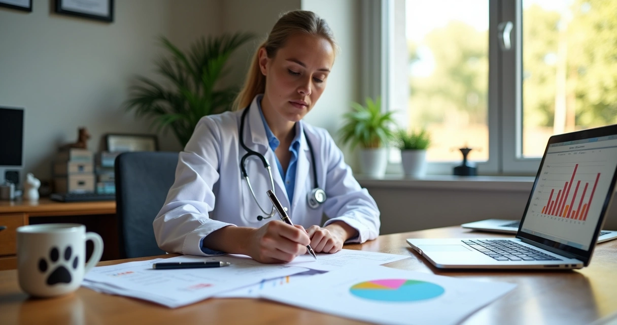 Como pagar menos impostos na prestação de serviços veterinários 1 Veterinário analisando documentos fiscais e gráficos ao lado de um computador portátil