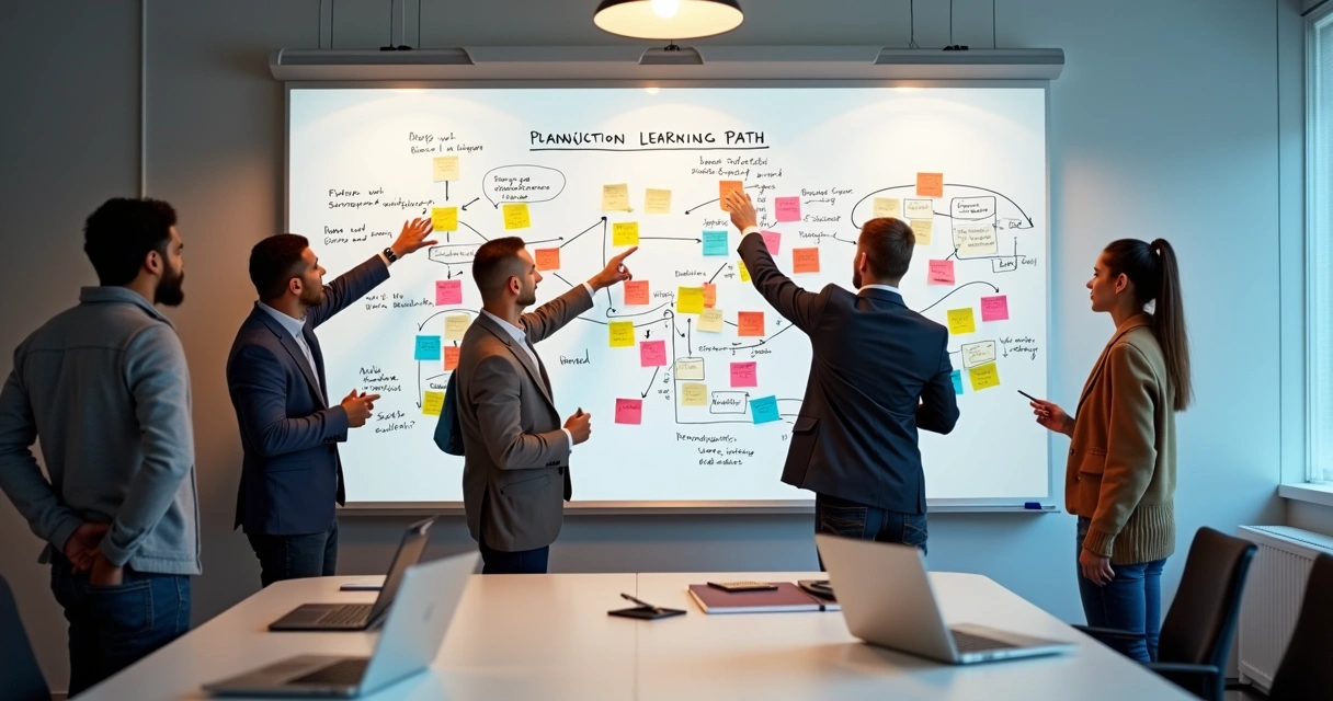 Planejamento de trilha de aprendizado para RH com quadros e post-its