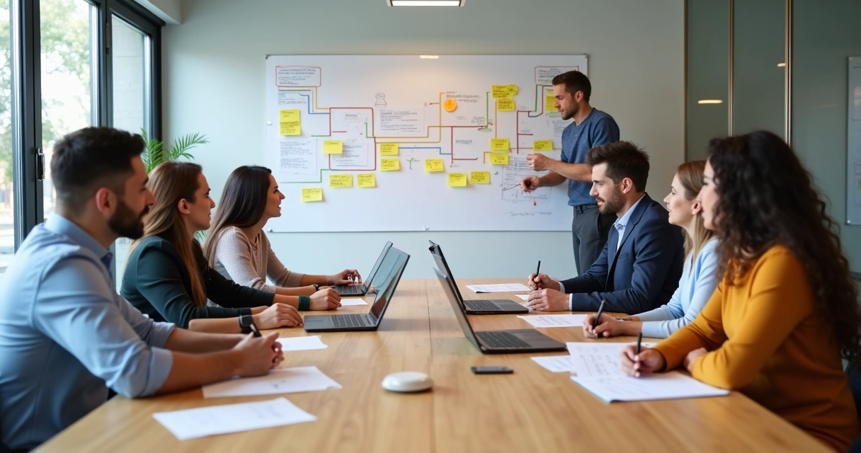 Homens e mulheres em sala de reunião organizam trilhas de cursos para desenvolvimento profissional 