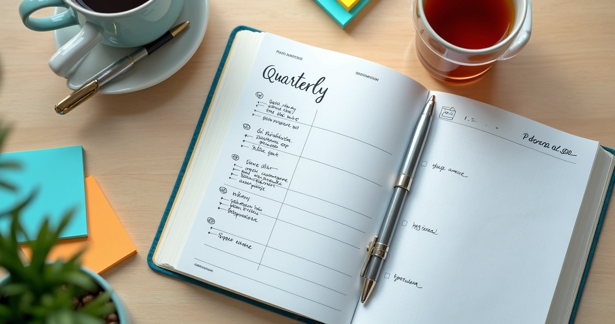 Caderno com metas trimestrais e calendário em mesa clara 