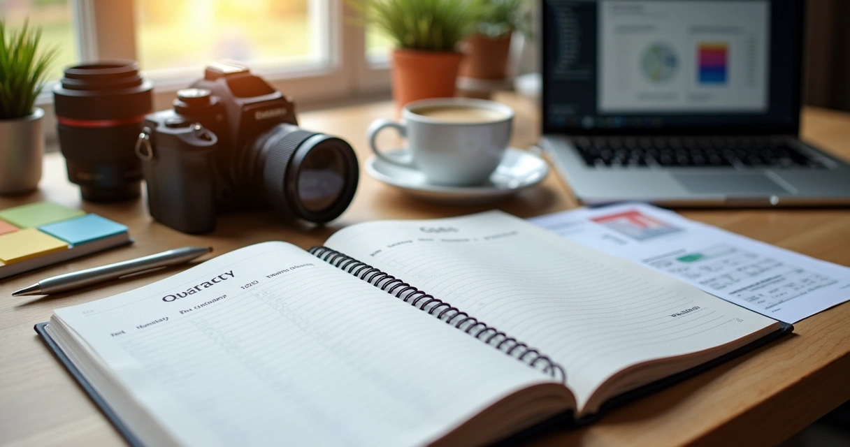 Fotógrafo planejando metas em mesa de trabalho com agenda e notebook 