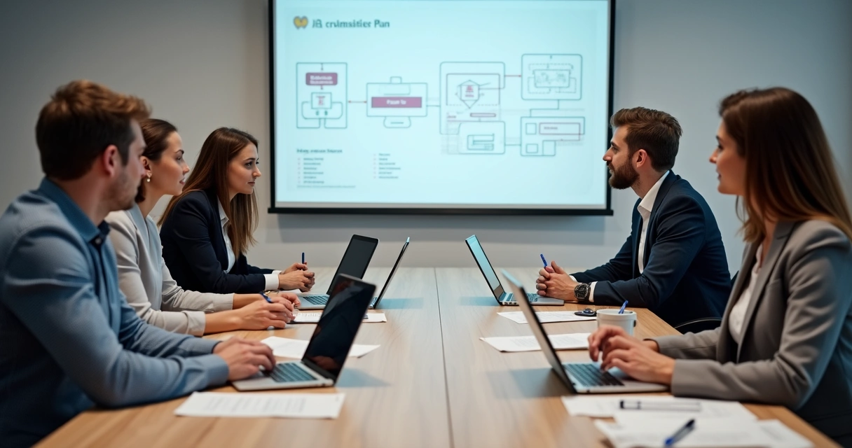 Equipe discutindo planejamento de troca de suporte de TI com computadores na mesa 