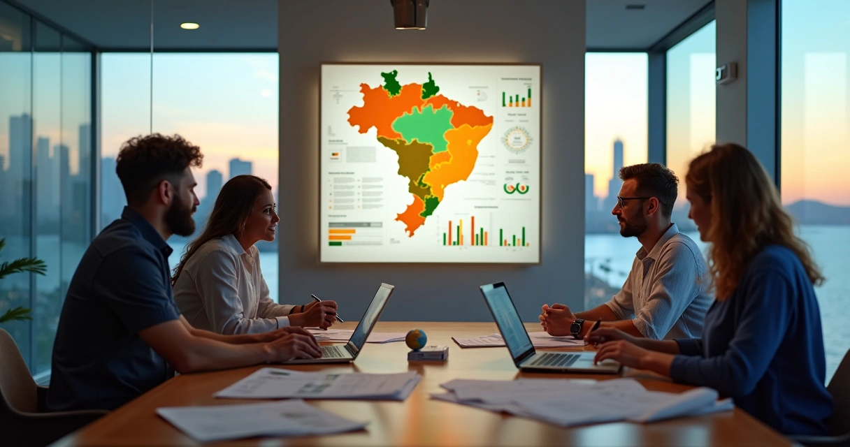 Equipe de agência de turismo planejando crescimento com mapa do Brasil e gráficos de 2026 na parede 