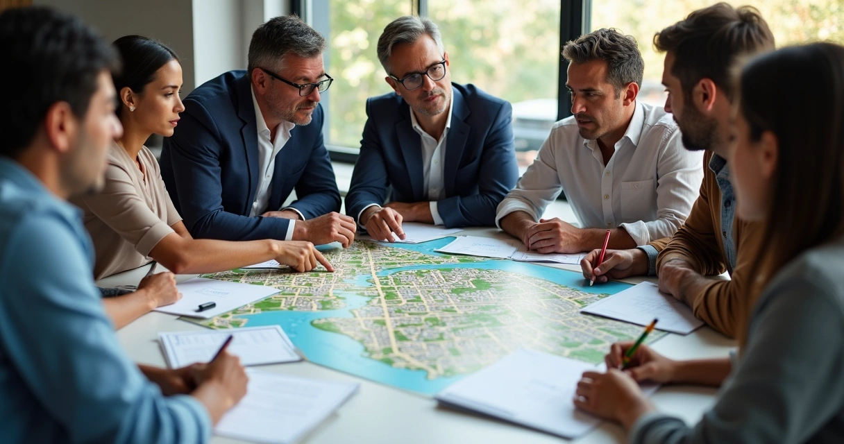 Reunião discutindo planejamento urbano participativo com mapa na mesa 
