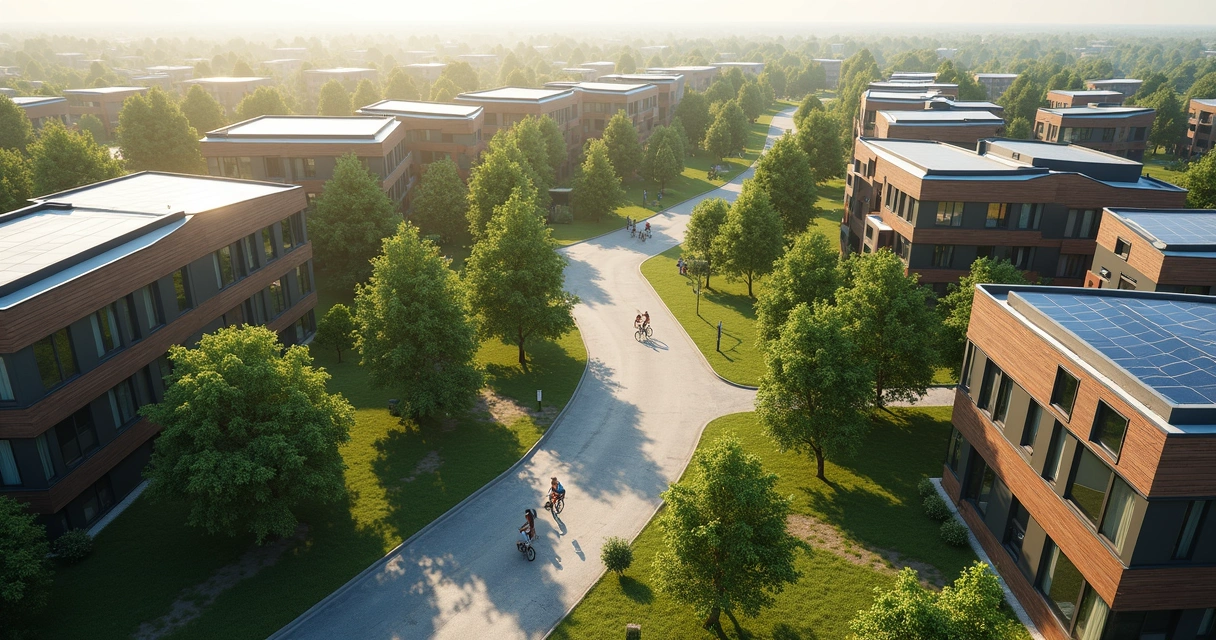 Perspectiva aérea de bairro sustentável com ciclovias, áreas verdes e construções modernas 