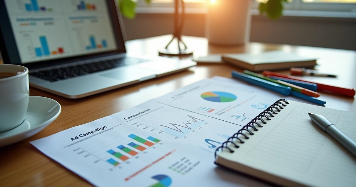 Mesa de trabalho com papéis de planejamento financeiro digital