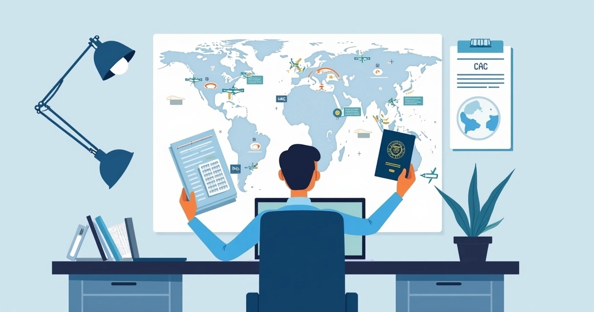 Profissional planejando viagem com mapa e documentos