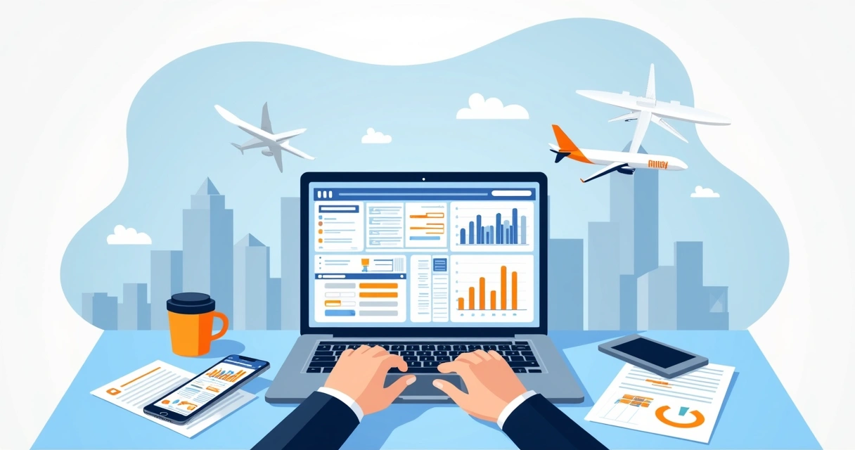 Profissional planejando viagem corporativa no notebook 
