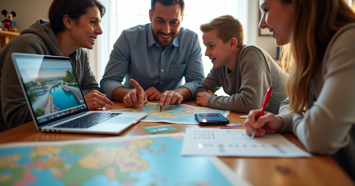 Família feliz planejando viagem com mapas, ingressos e laptop sobre mesa iluminada 