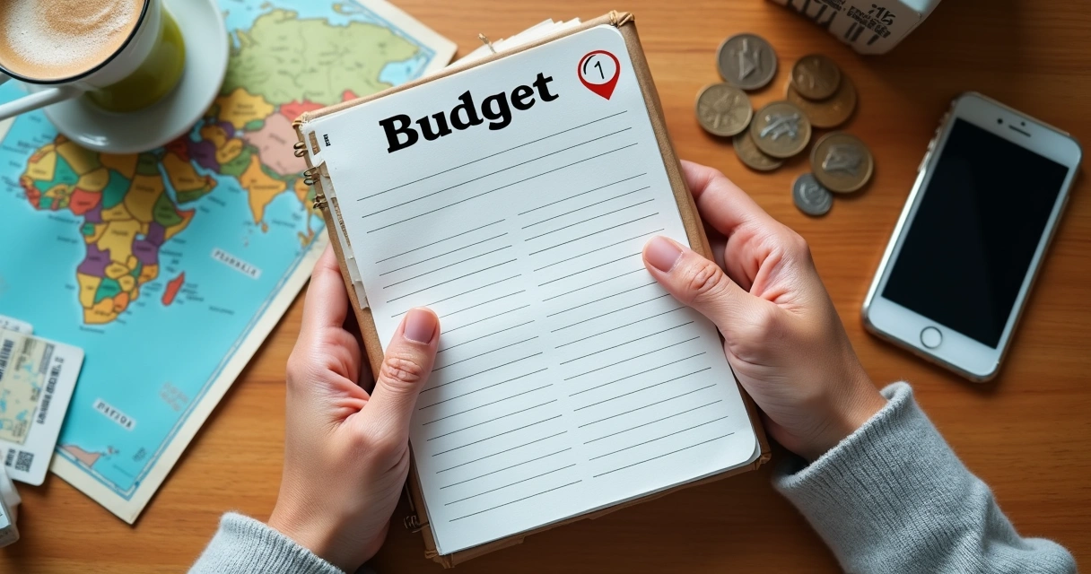 Pessoa organizando mapa, passagens e anotações de orçamento em uma mesa 