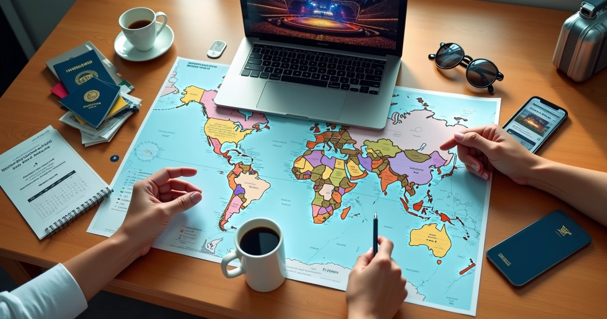 Viajantes planejando viagem para grande evento com mapa e ingressos sobre a mesa 