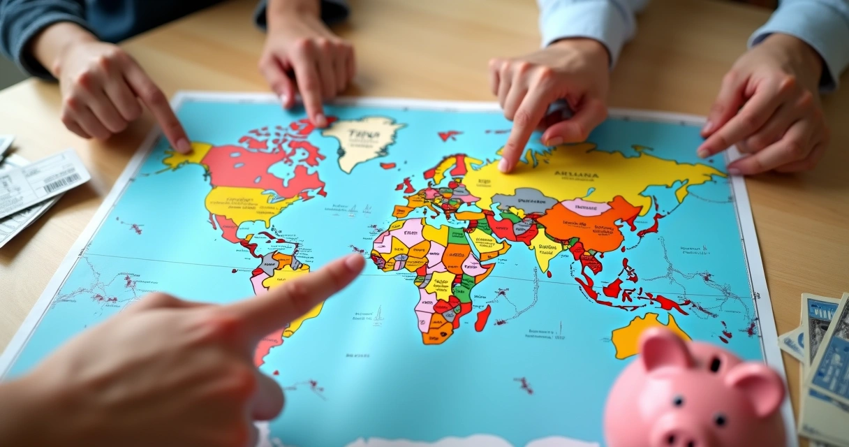 Como criar metas financeiras juntos e transformar sonhos em planos 2 Mapa aberto e bilhetes de viagem sobre uma mesa, com mãos de duas pessoas apontando para destinos