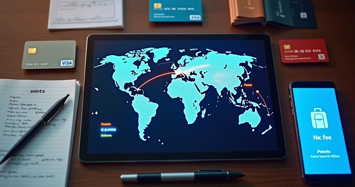 Mesa com cartões de pontos, tablet com mapa e symbols de viagem conectados 
