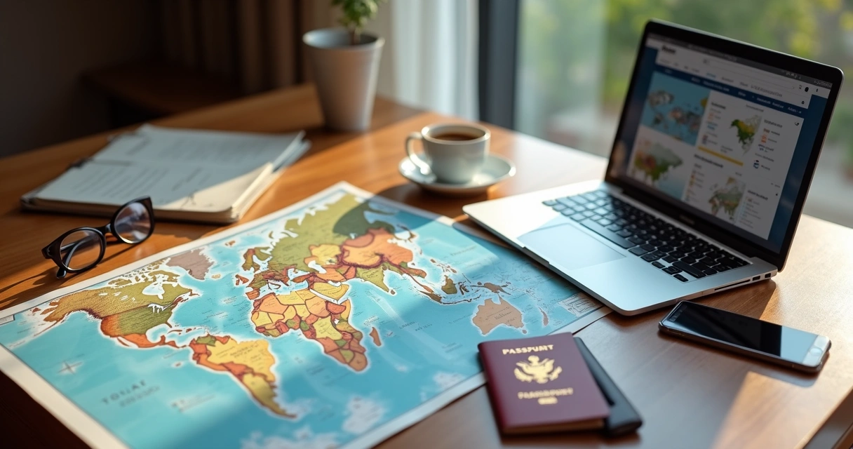 Mesa organizada com mapas, passaportes, um laptop aberto e uma xícara de café, iluminada por luz natural suave 