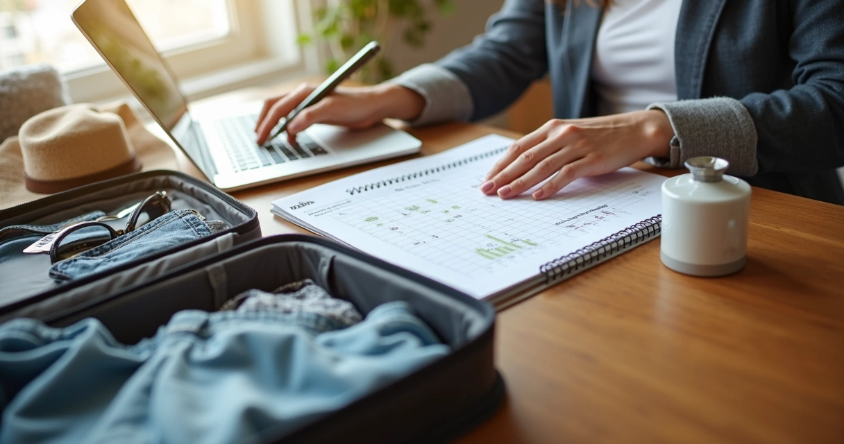 Pessoa organizando planilha financeira com mala de viagem aberta ao lado 