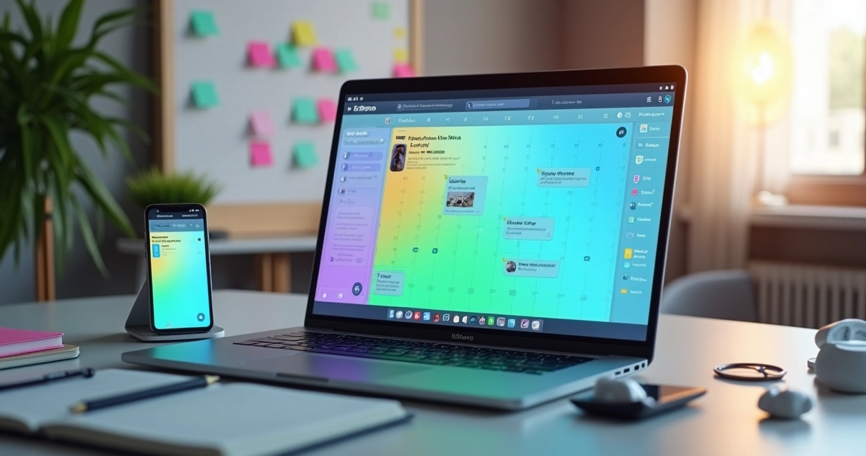 Mesa com calendário digital exibindo datas destacadas e vídeos curtos sendo programados em lote 