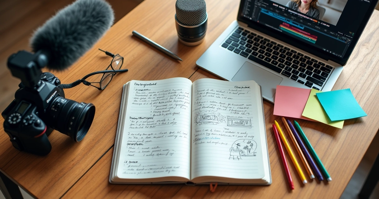 Mesa com notebook exibindo roteiro de vídeo, microfone, câmera e anotações organizadas para produção de curso online 