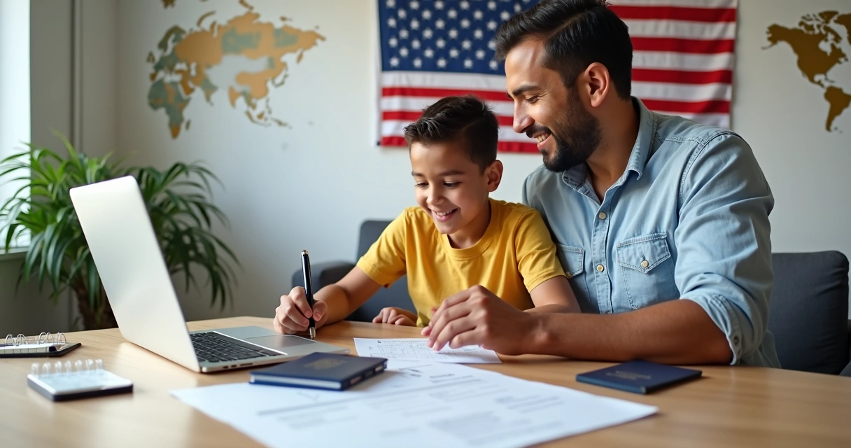 Família brasileira organizando documentos de visto americano com bandeira dos EUA ao fundo 