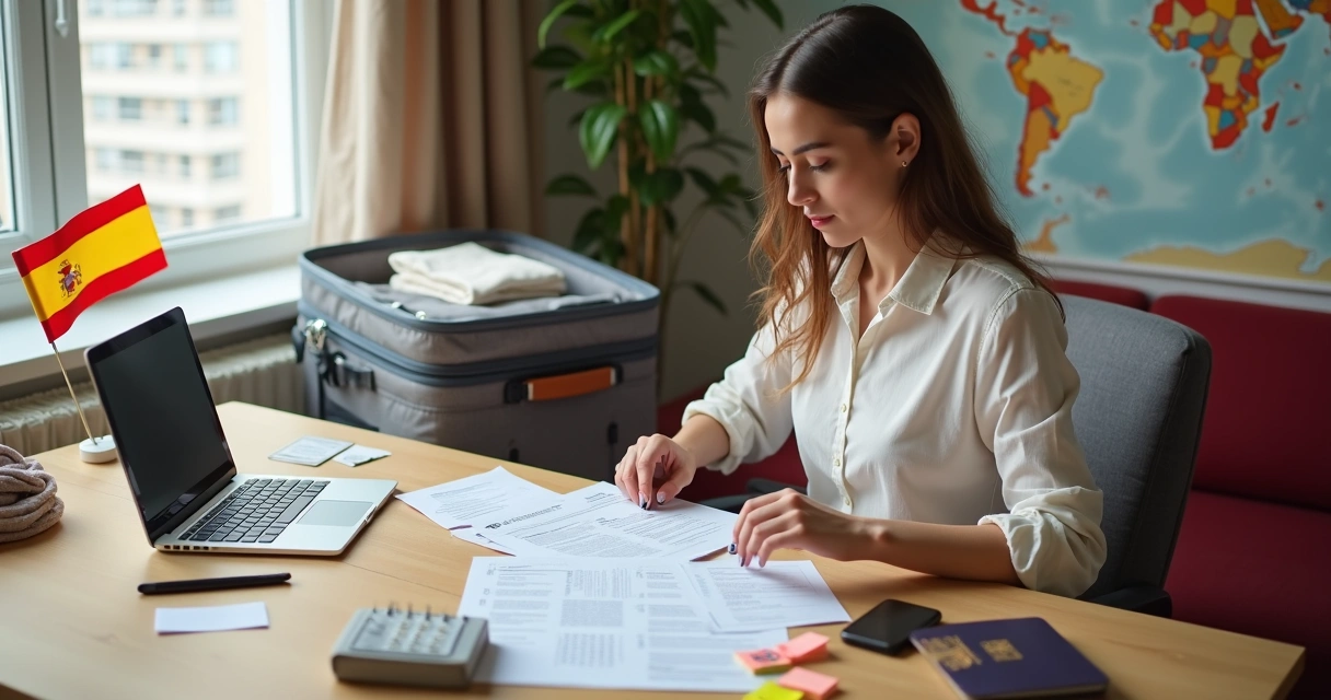 Brasileira organizando documentos de visto espanhol em frente a mala e bandeira da Espanha 