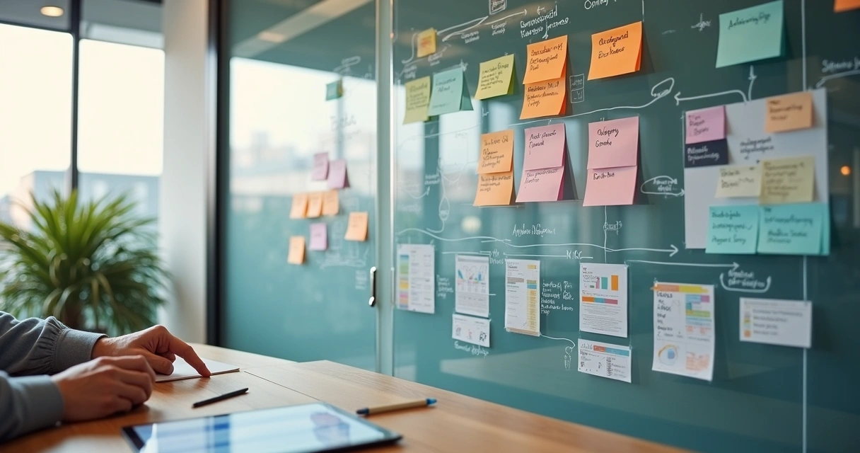 Mural de planejamento estratégico visual com cards coloridos de agência digital 