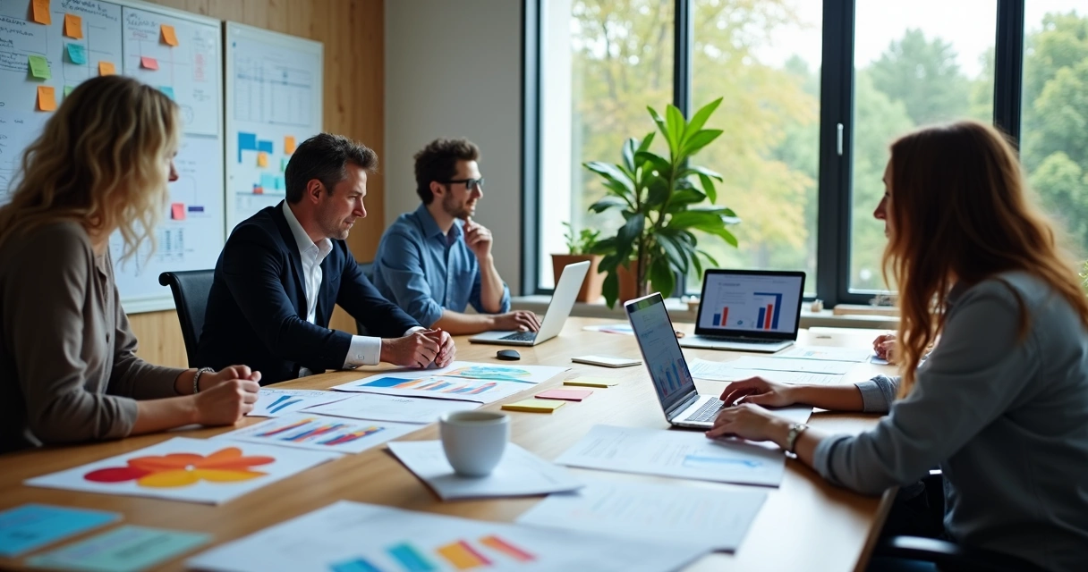 Equipe reunida planejando visual e conteúdo do relatório ESG 