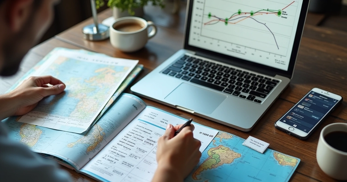 Pessoa consultando calendário e mapa para planejar viagem aérea 