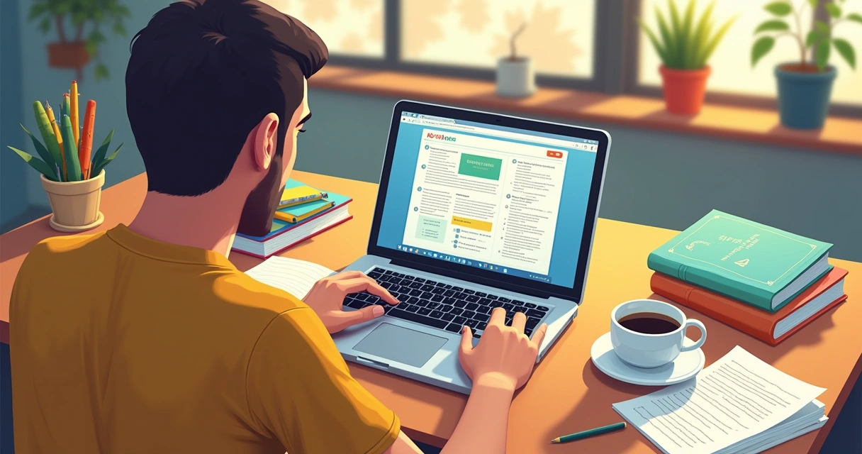 Professor usando notebook para planejar aula de português com IA 