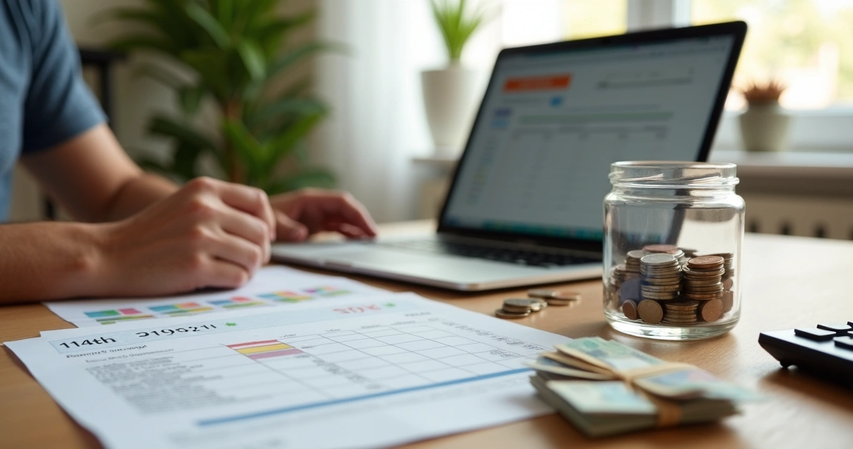 Pessoa analisando o uso do décimo quarto salário com planilha e cofre 