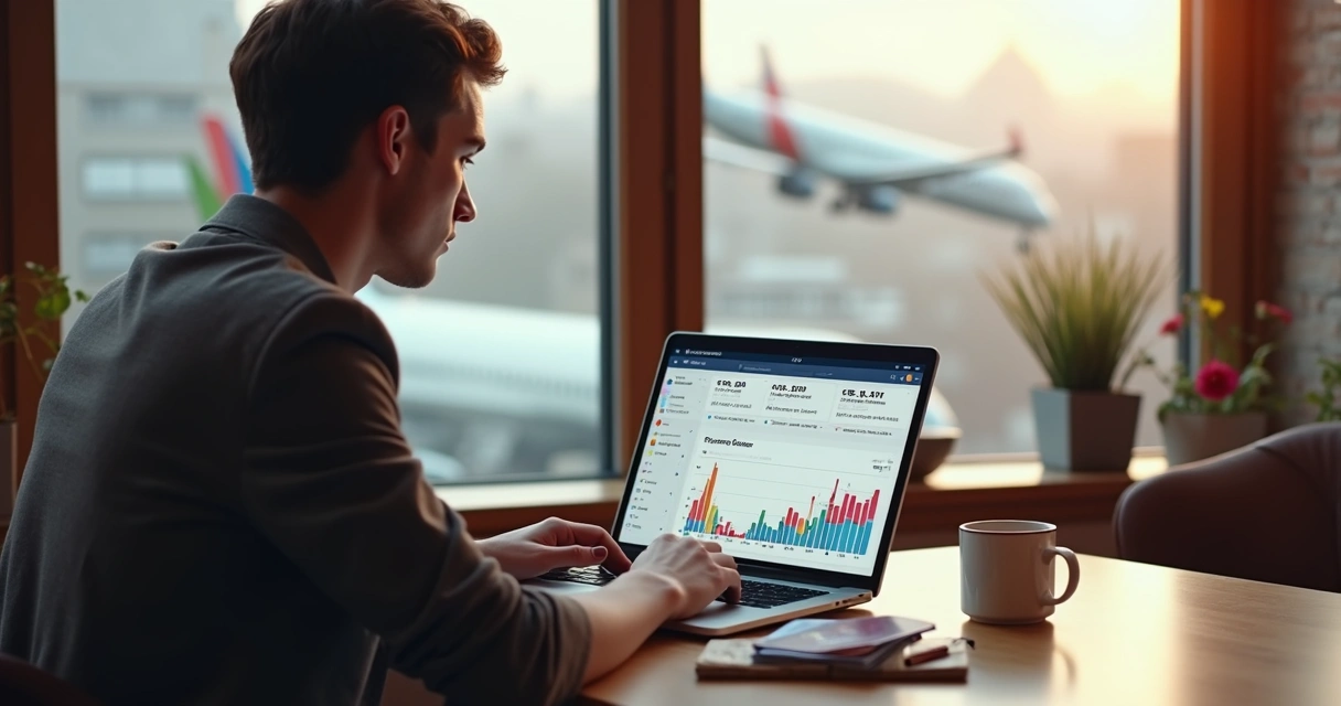 Pessoa em cafeteria pesquisando passagens aéreas baratas no notebook com gráficos de preços na tela 