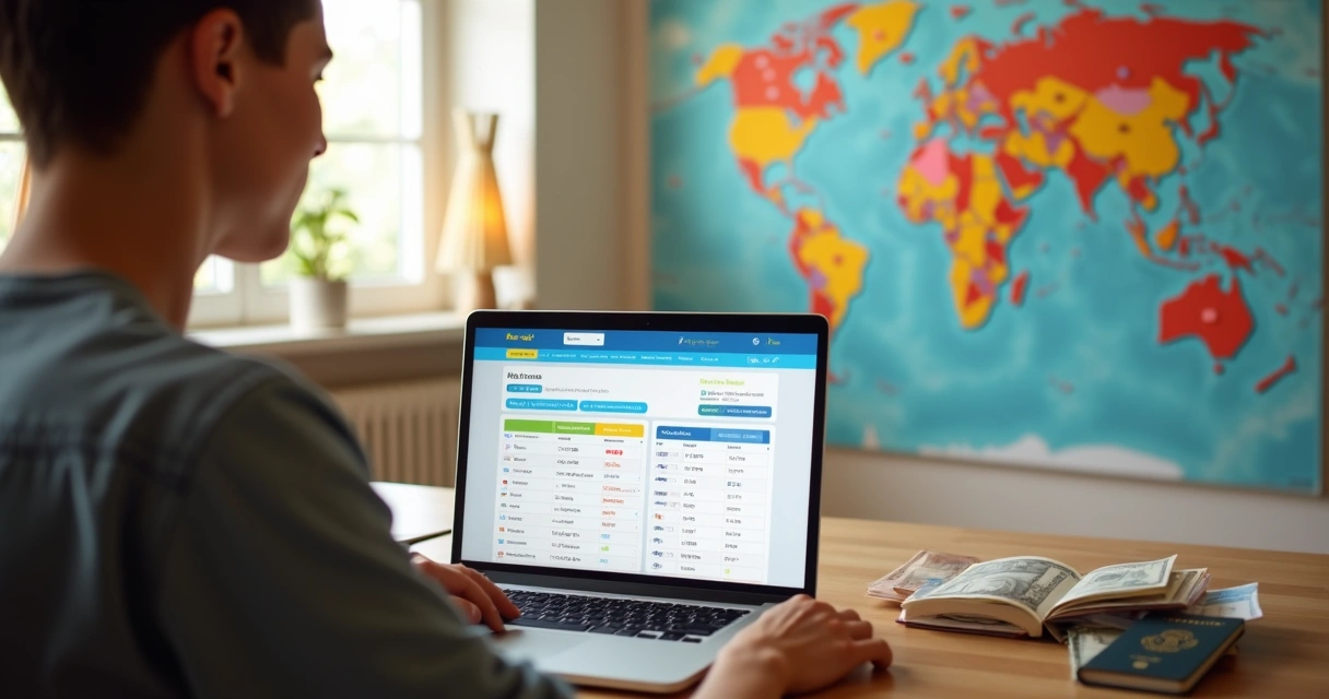 Pessoa comparando passagens aéreas internacionais baratas em laptop com mapa mundi ao fundo 