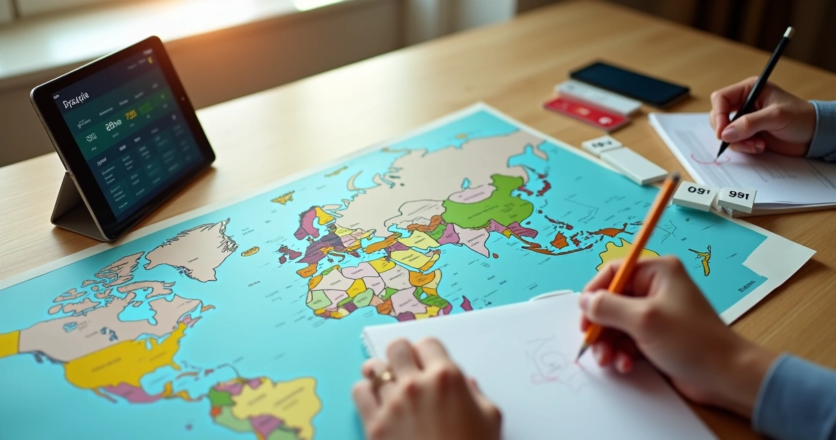 Viajante planejando rota aérea em mapa com cartões de fidelidade e blocos de preços fixos 