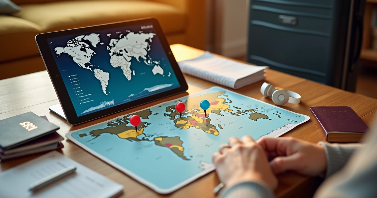 Pessoa planejando viagem internacional com mapa e app de milhas aberto no tablet 