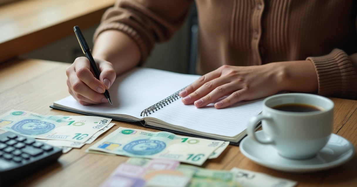 Pessoa calculando orçamento no caderno ao lado de notas e calculadora 