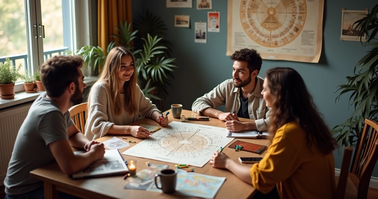 Roda astrológica com amigos sorrindo planejando viagem