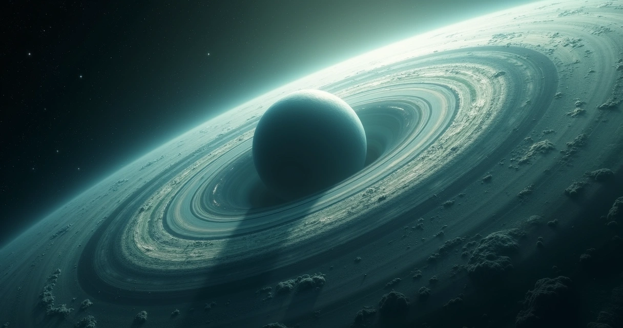 Planeta gigante sugando gás de disco ao redor, estrelas ao fundo 