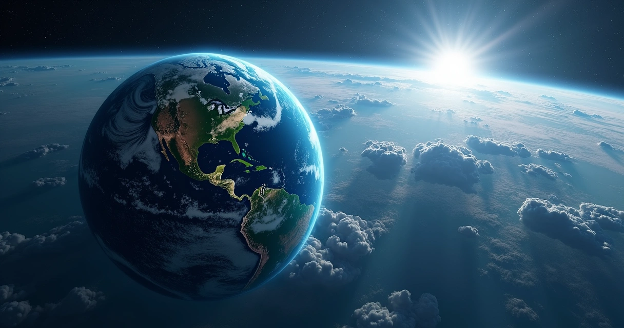 Planeta azul com vegetação visto do espaço, grande lua próxima e estrela ao fundo. 