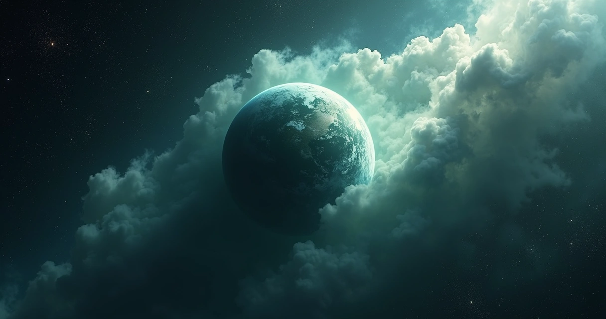 Planeta K2-18b com atmosfera detalhada em fundo espacial escuro com estrelas brilhantes 