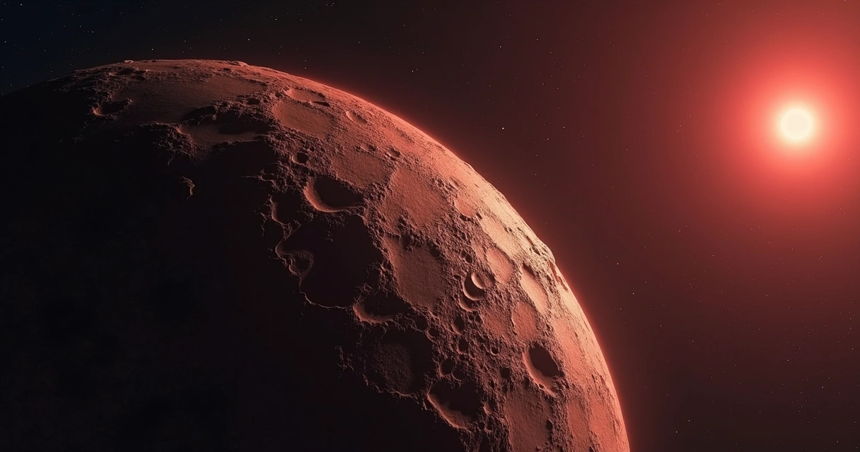 Representação de um planeta rochoso orbitando uma estrela vermelha 