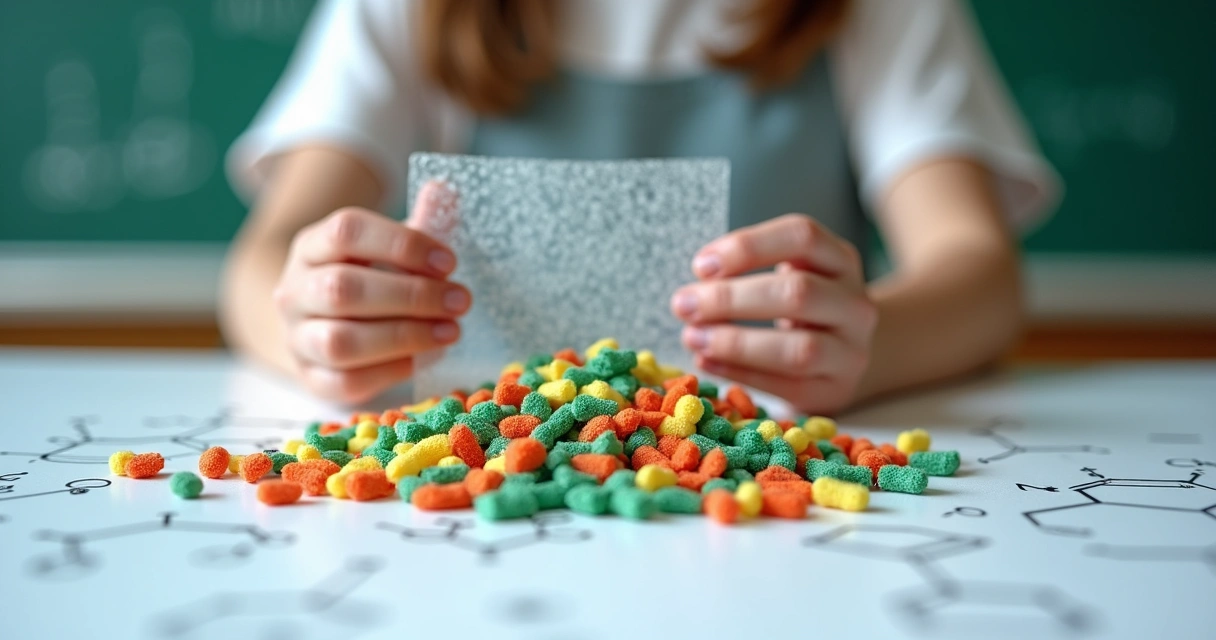 Bioplástico em mãos e resíduos reciclados sobre fundo branco 
