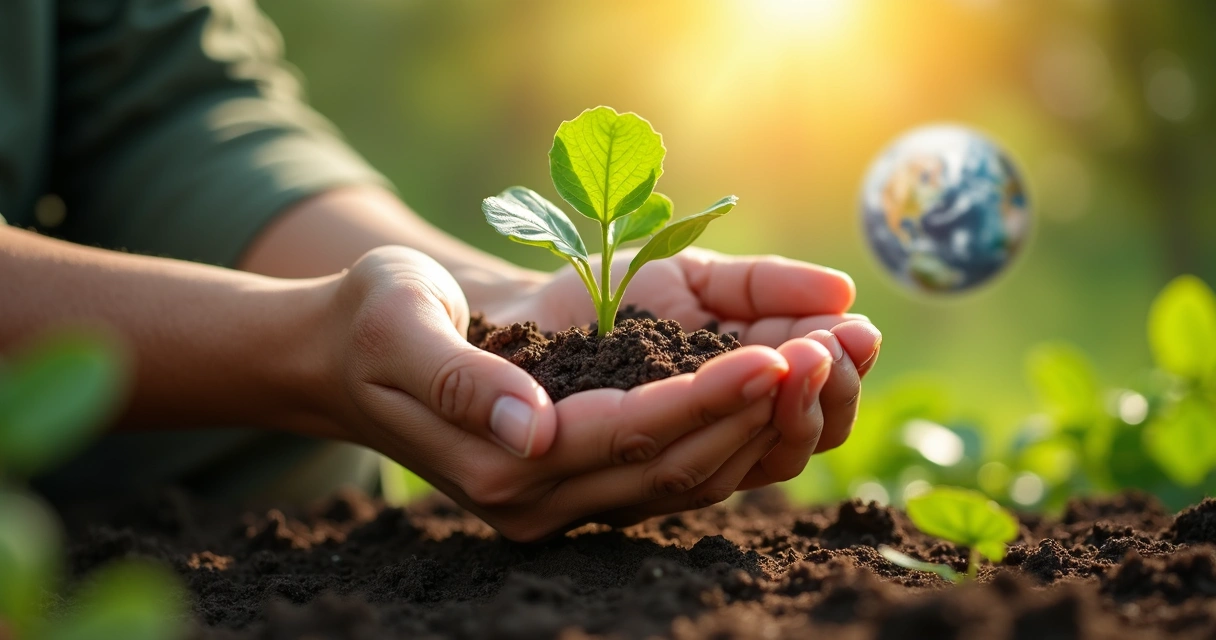 Pessoa com as mãos abertas próximas de uma planta crescendo na terra, simbolizando cuidado pelo planeta.