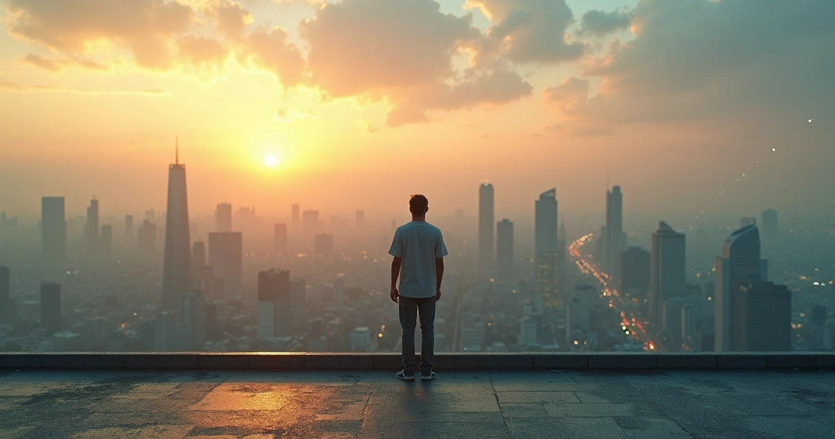 Person standing on city rooftop seeing forests reflected in the sky 