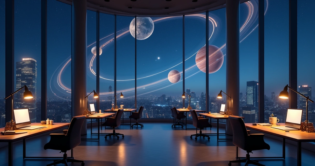 Planetas retrógrados refletidos em mesas de trabalho em um escritório noturno 